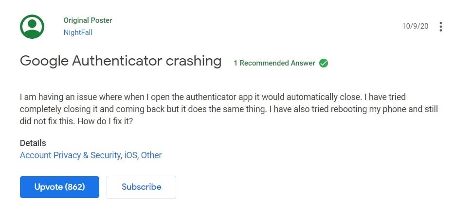 google authenticator crashing ios 14.2
