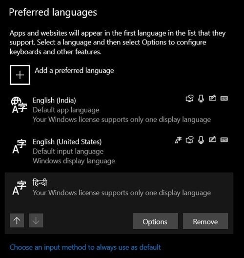 language options windows 10