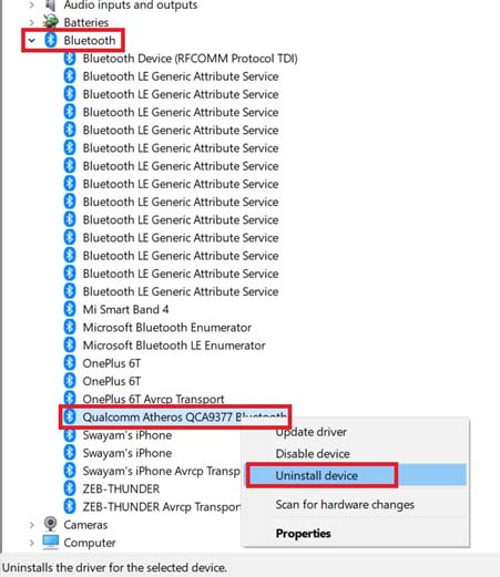 uninstall Qualcomm Bluetooth QCZ9565 driver