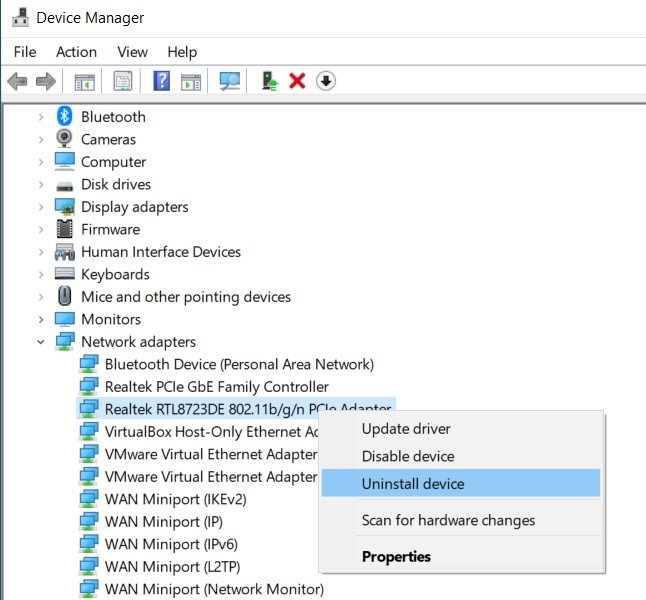 uninstall windows 10 network drivers