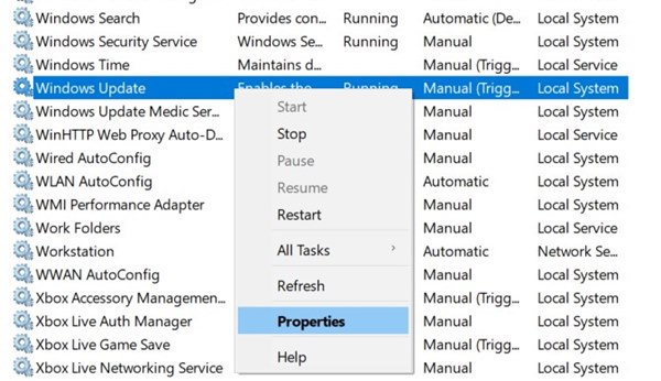 windows update properties
