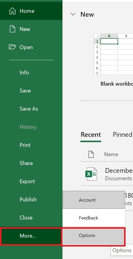 Microsoft Excel click File and then Options