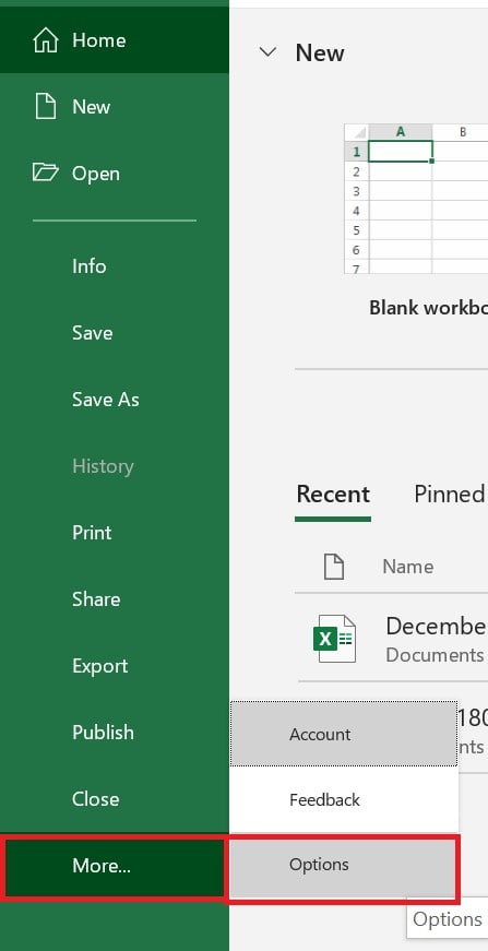 Microsoft Excel click File and then Options