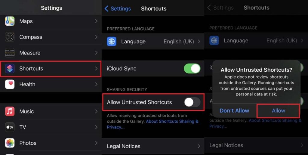 allow untrusted shortcuts on iOS and iPadOS
