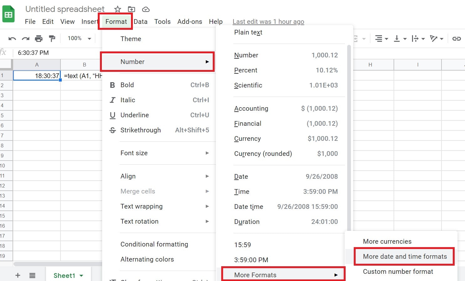 change Google Sheet military time format