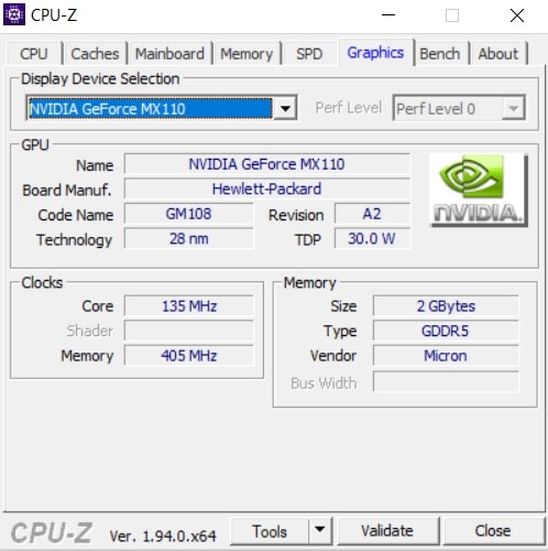 cpu z Graphics Card windows 10