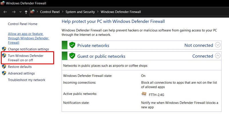 defender firewall on or off