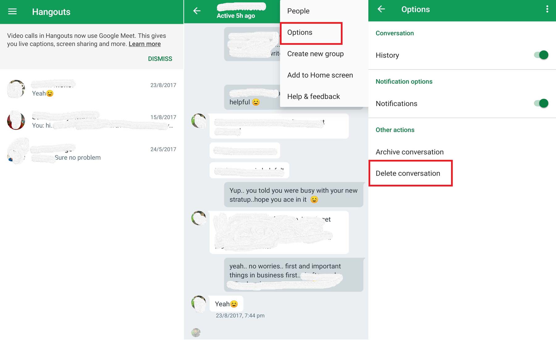 delete messages in Google Hangouts on your smartphone