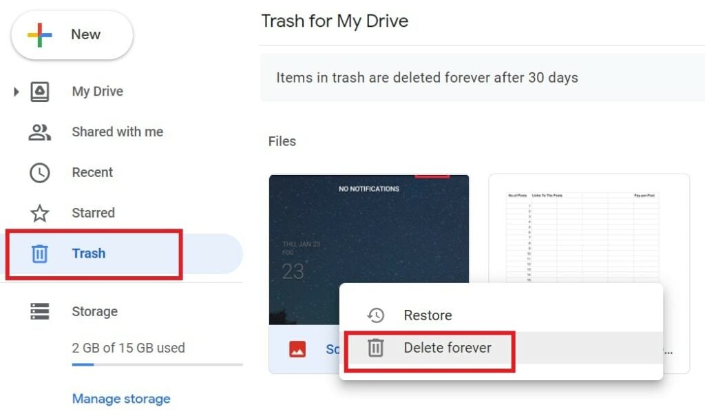 empty Google Drive trash to permanently delete Google Sheet