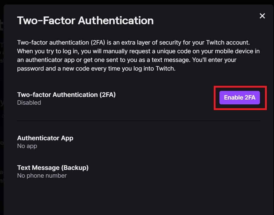 Enable 2FA on Twitch
