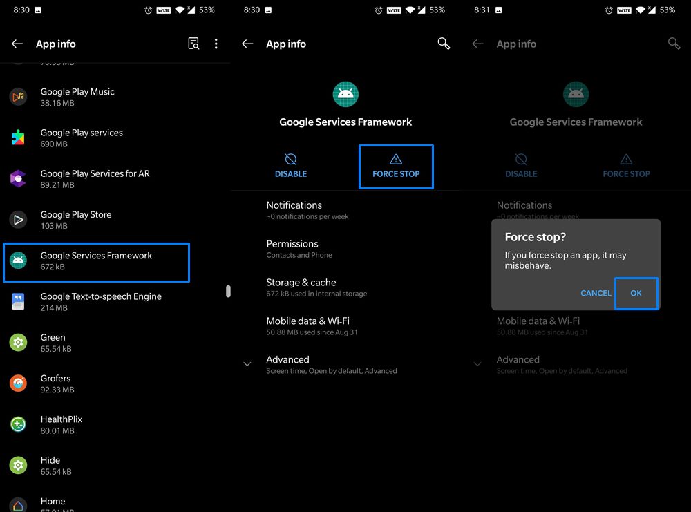 force stop service framework