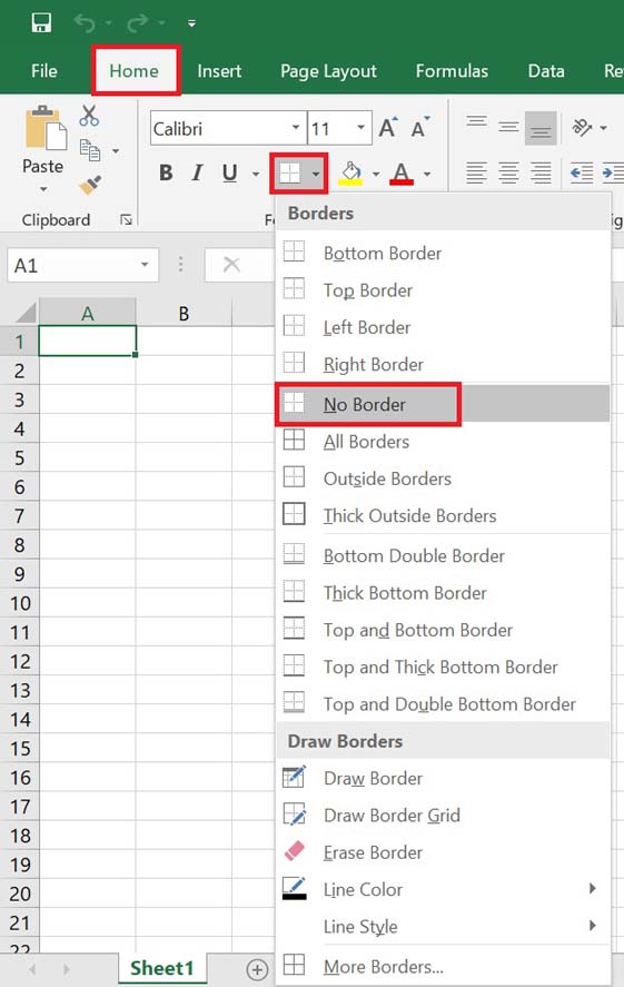 Set no border in Microsoft Excel to remove dotted lines