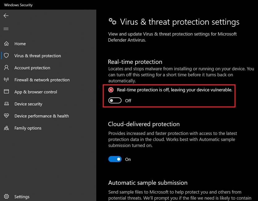 windows defender real time protection greyed out