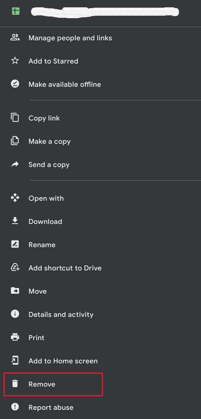 remove Google Sheets from Drive on your Android device