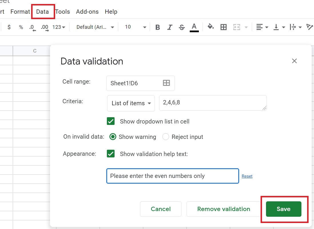 Data validation for dropdown lists