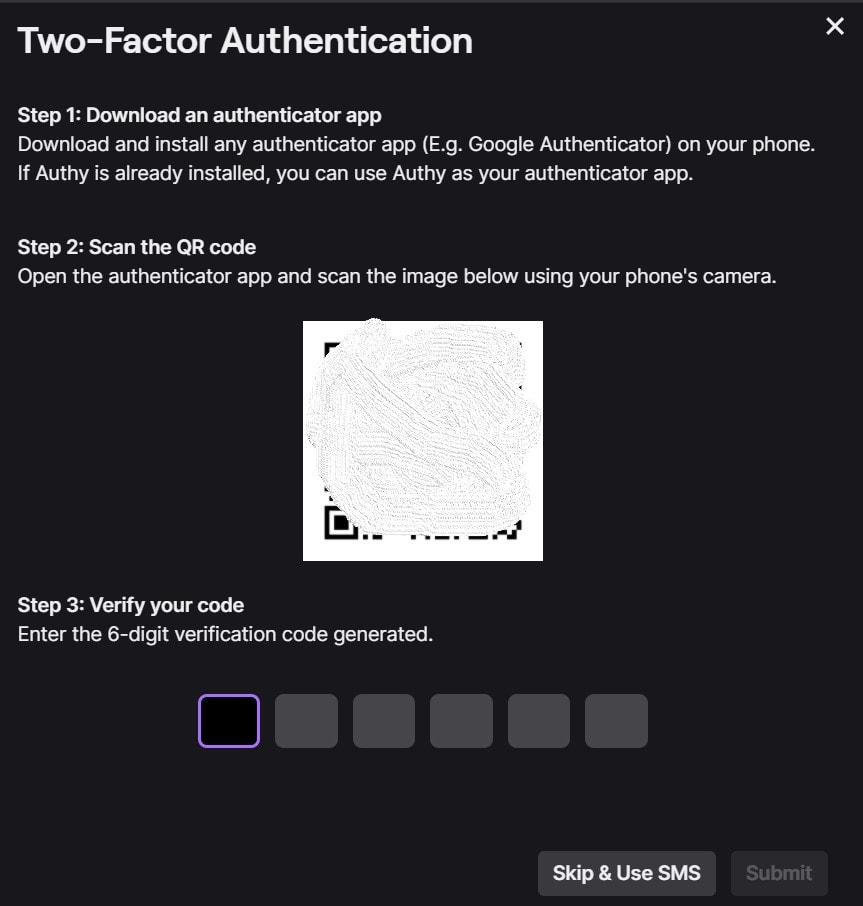 scan QR code and enter the 6-digit code to enable 2FA on Twitch