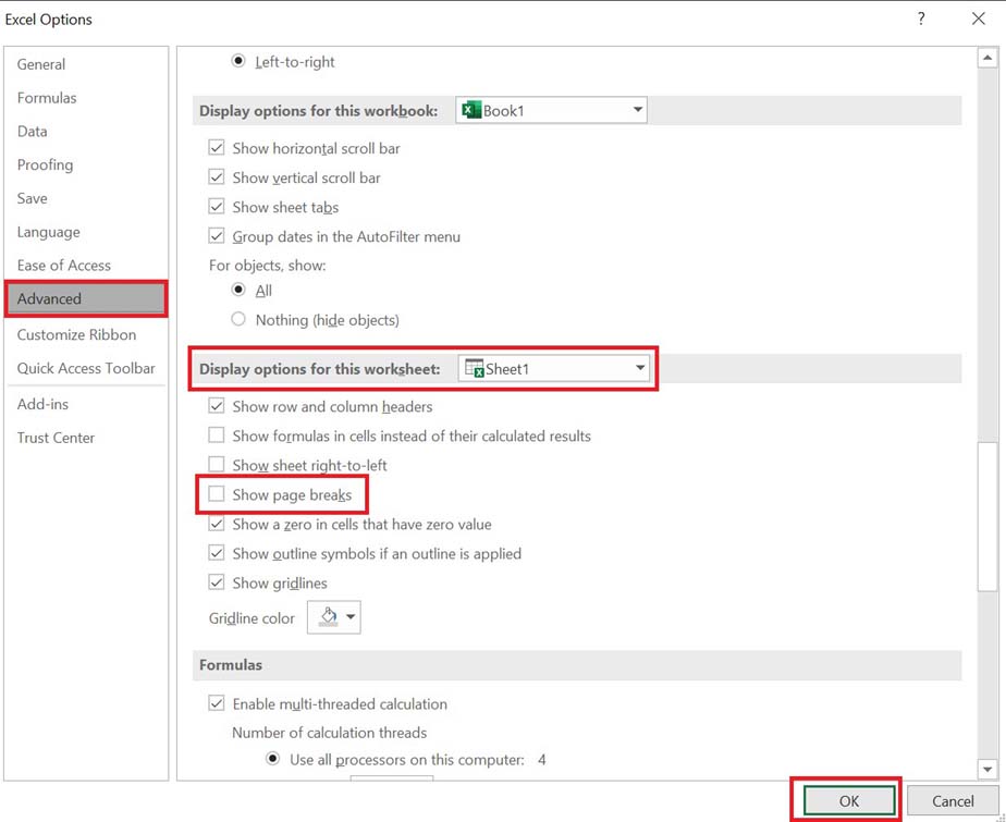 uncheck show page breaks to remove dotted lines in Microsoft Excel