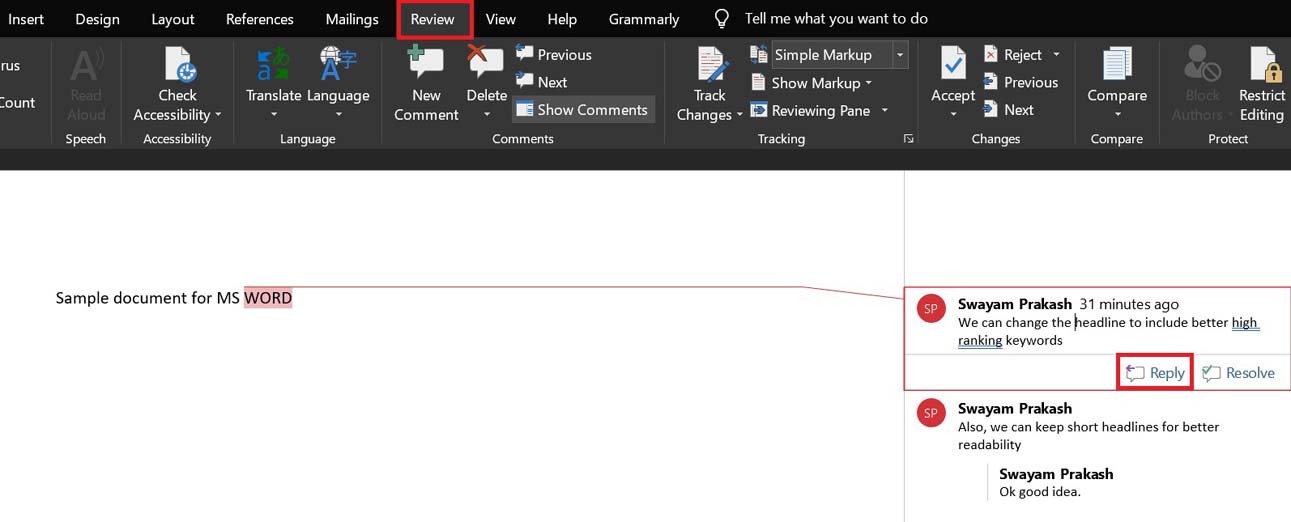 how to insert comments in word document