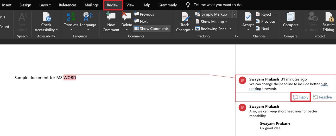 add comment in Microsoft Word document