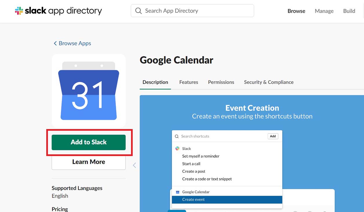 Add calendar to Slack