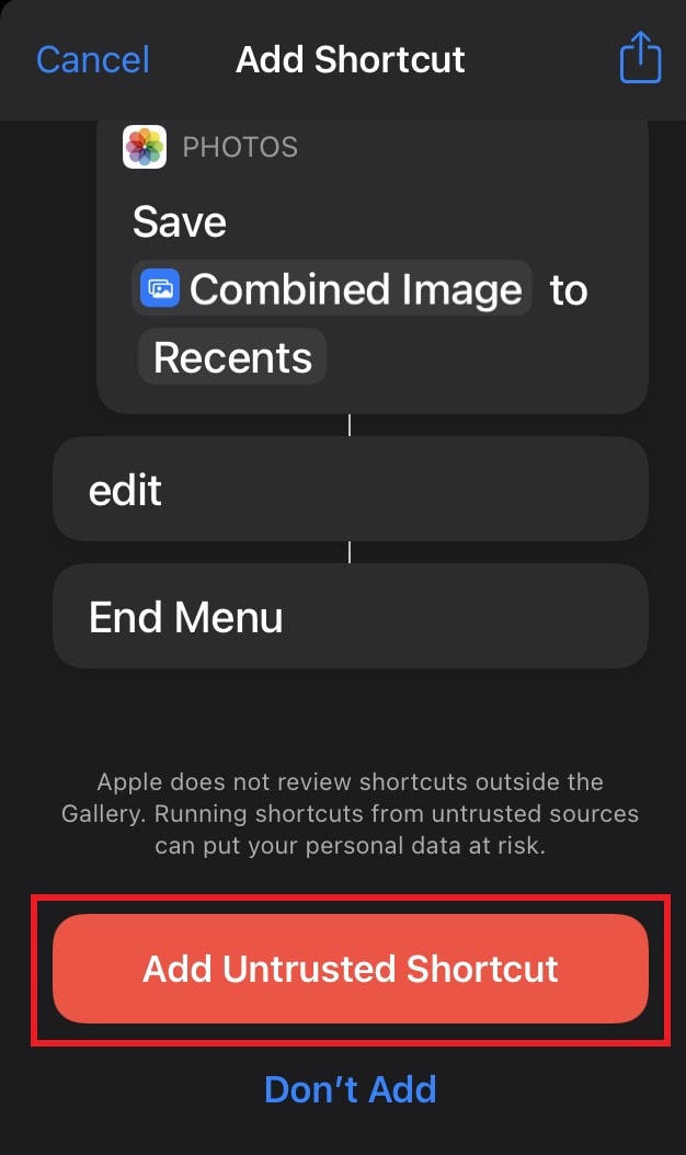 tap on Add untrusted Shortcuts