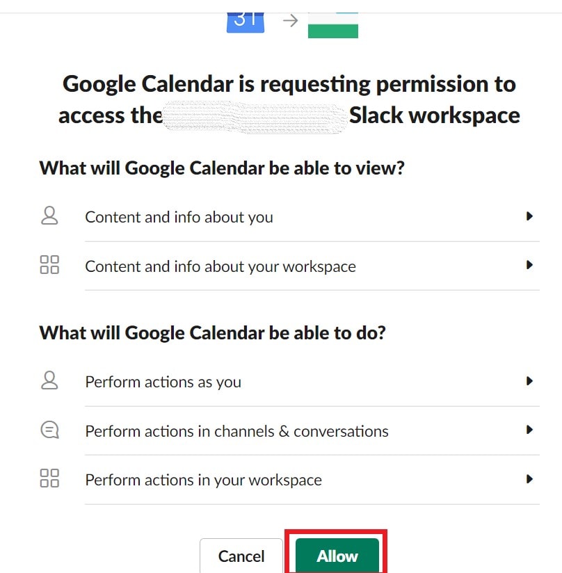 Allow Slack calendar integration