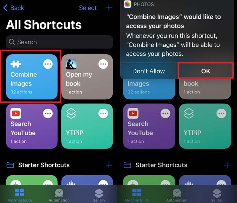 Allow combined images shortcuts to access Photos app