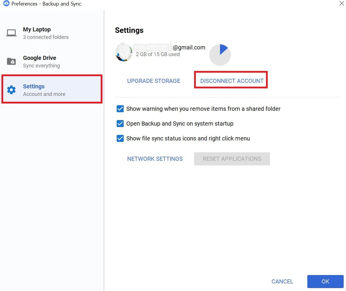 Disconnect Google backup and sync