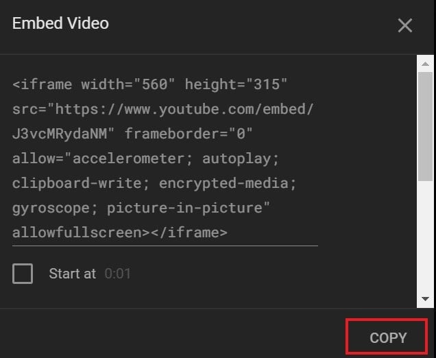 copy YouTube video Embed link