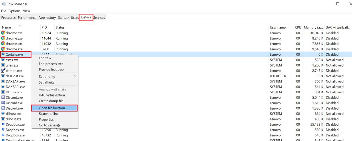 aktifkan kembali Cortana dengan mengubah jalur nama folder