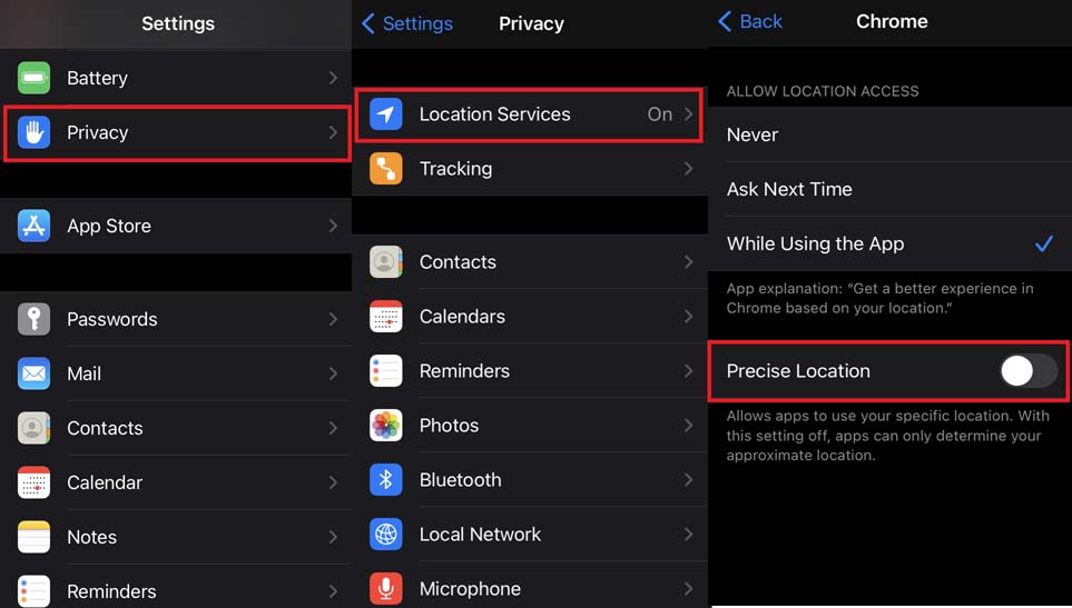 disable precise location on iPhone running iOS 14