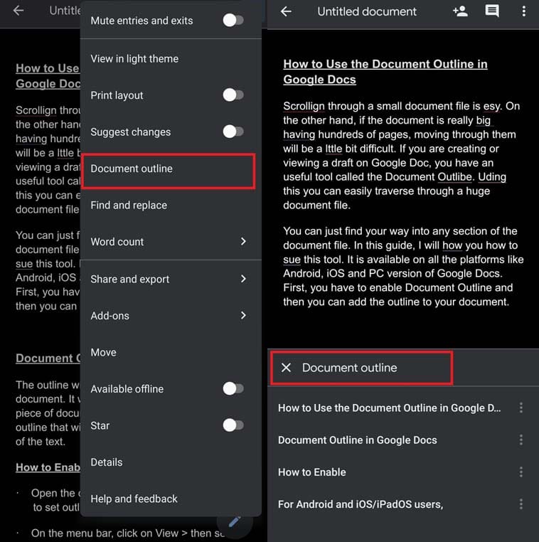 set document outline in Google Docs file on Android or iOS