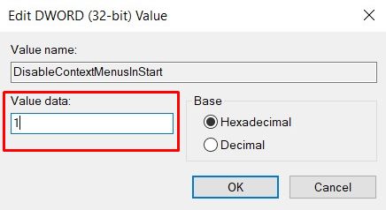 edit dword disable context menus windows 10