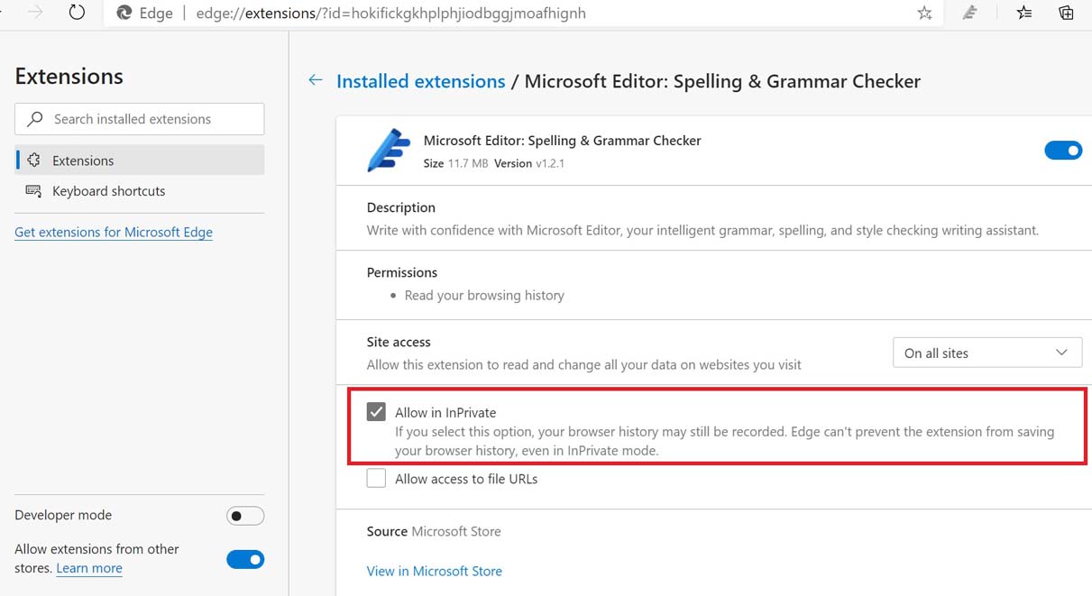 enable extensions on Microsoft Edge running InPrivate Mode
