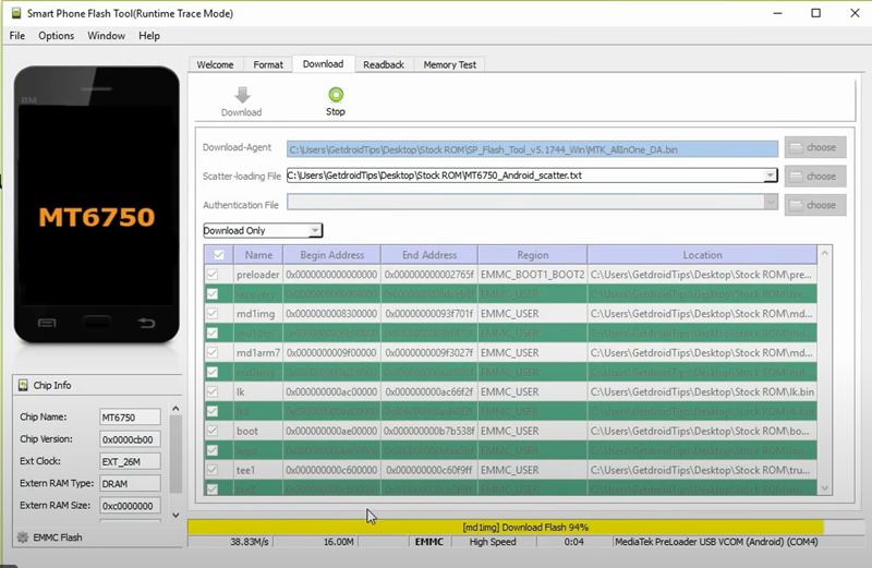 flashing stock firmware started