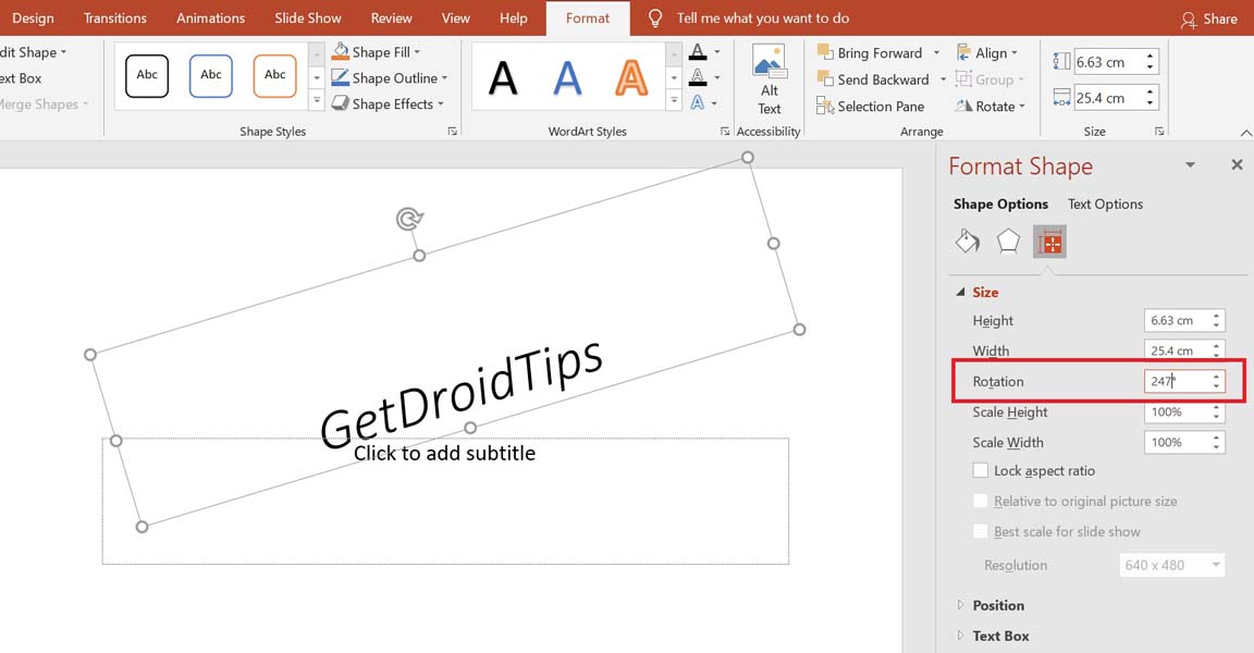 Rotate text in Powerpoint by manually setting the angle