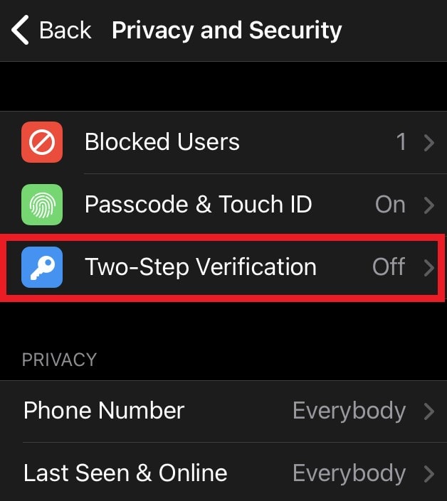 two-step verification Telegram app