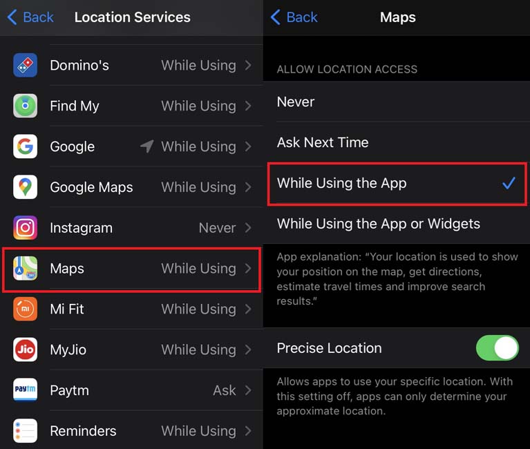 disable location permission for Apple Maps