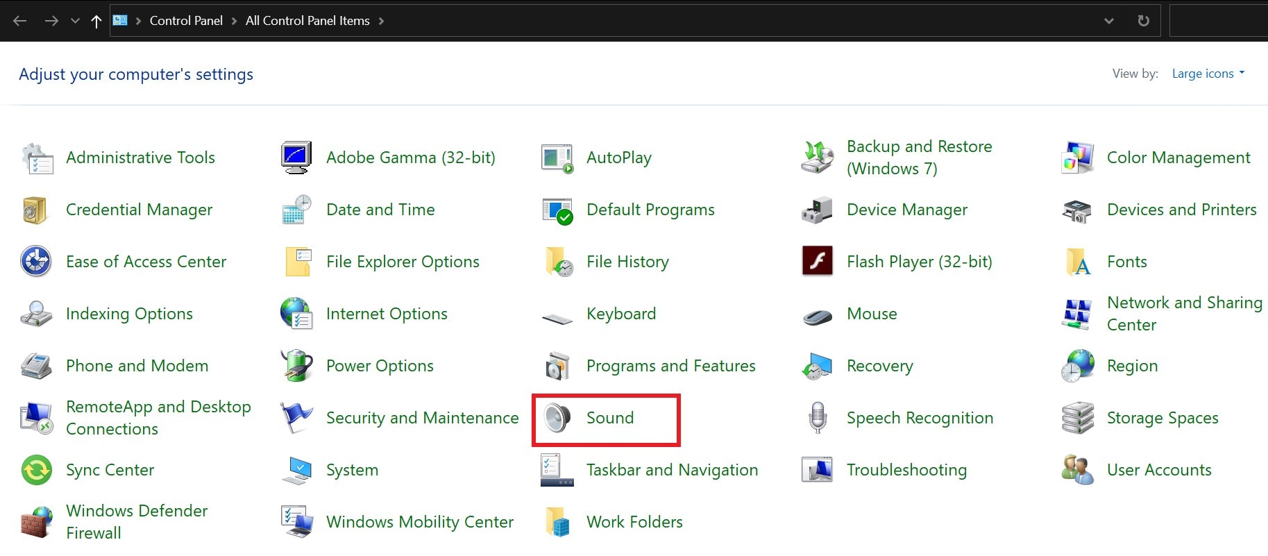 Sound Settings in Windows Control Panel