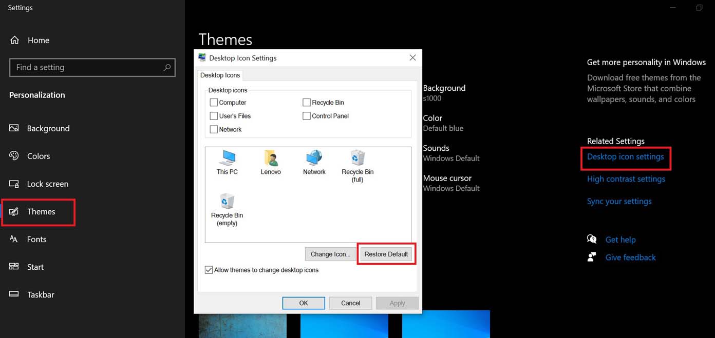 reset display settings for Windows desktop icons
