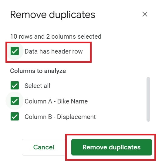 remove duplicates click data has header row