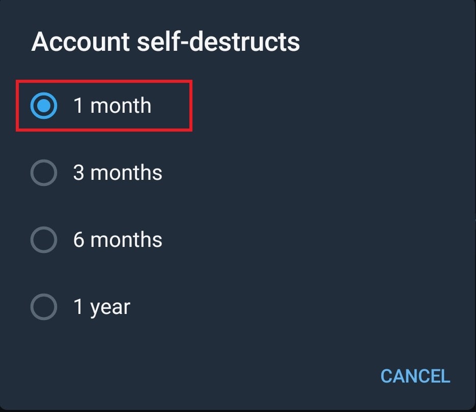 set 1 month for Telegram account self destruct