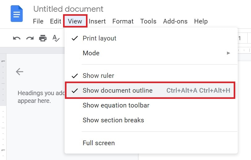 enable document outline in Google Docs