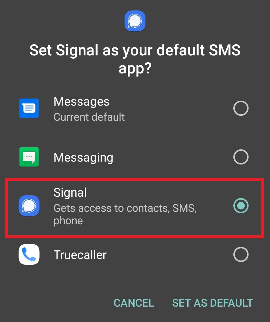 set signal as default messaging app