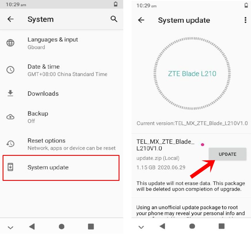 system update zte blade l210