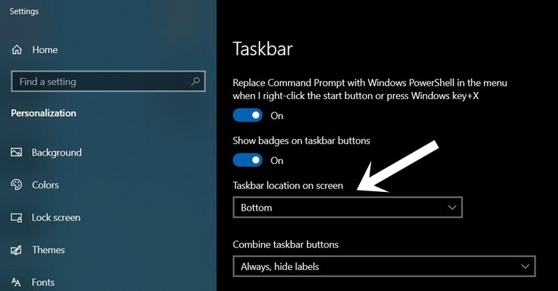 taskbar location on screen