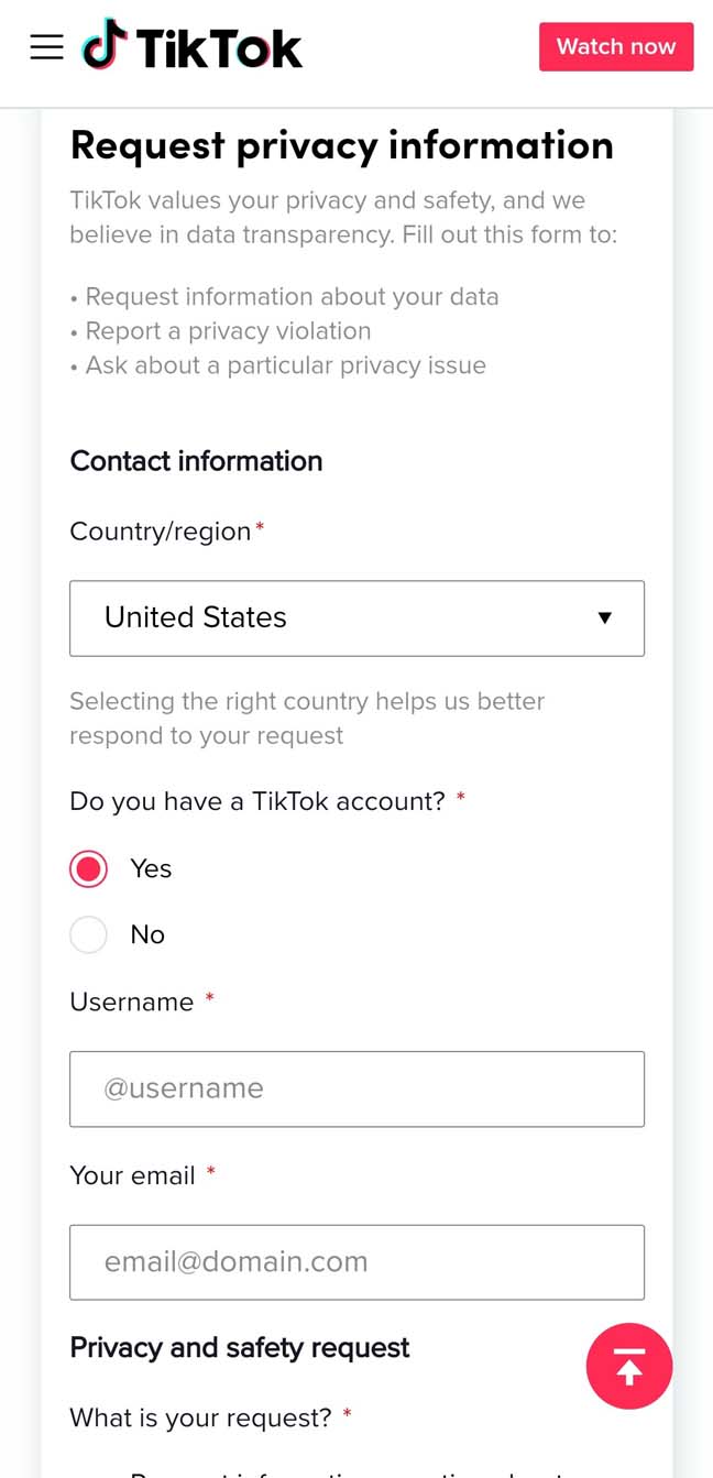Request Privacy information on TikTok