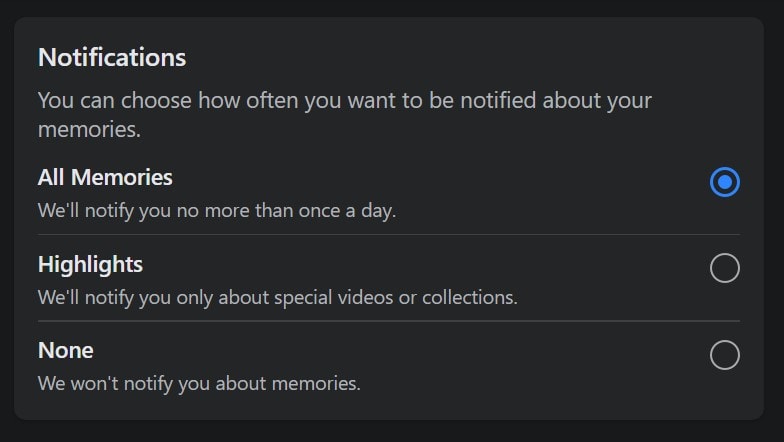 set how you wish to get notifications for Facebook memories