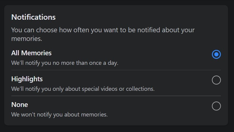 установите, как вы хотите получать уведомления о воспоминаниях Facebook
