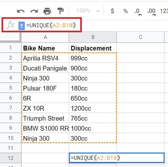 Use unique function to remove duplicates from Google Sheets